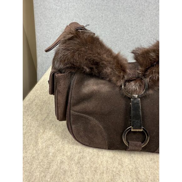 Stuart Weitzman Dark Brown Suede Fur Trim Shoulder Bag Front Clip - Picture 14 of 14